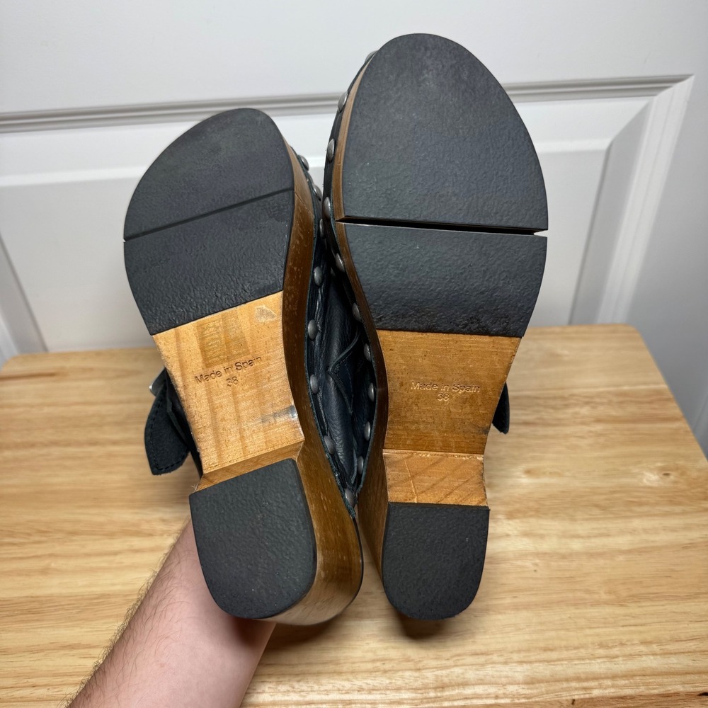 Free People Black Leather Studded Buckle Wood Platform Clogs Made in Spain 38 - Picture 16 of 16